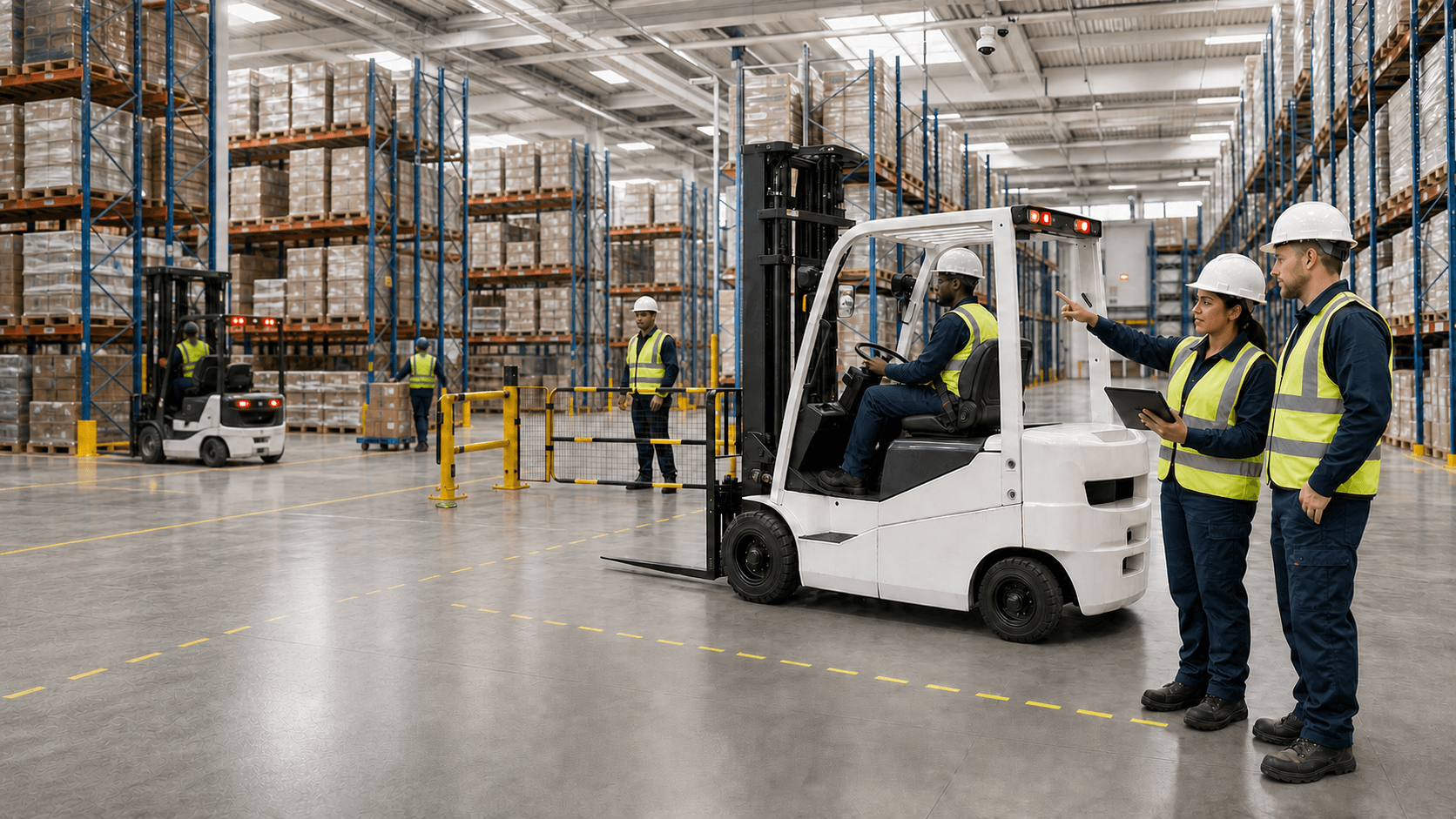 Pulsar-RAS engineers assessing forklift interaction and pedestrian separation in a bright warehouse.