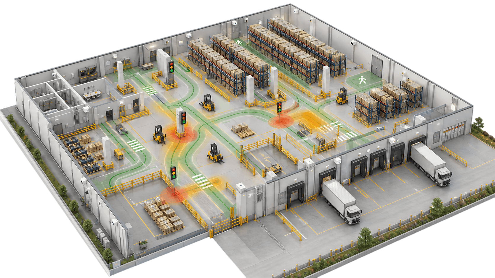 Isometric warehouse engineering assessment map showing forklift routes, pedestrian crossings, traffic controls, barriers and mapped attention zones.