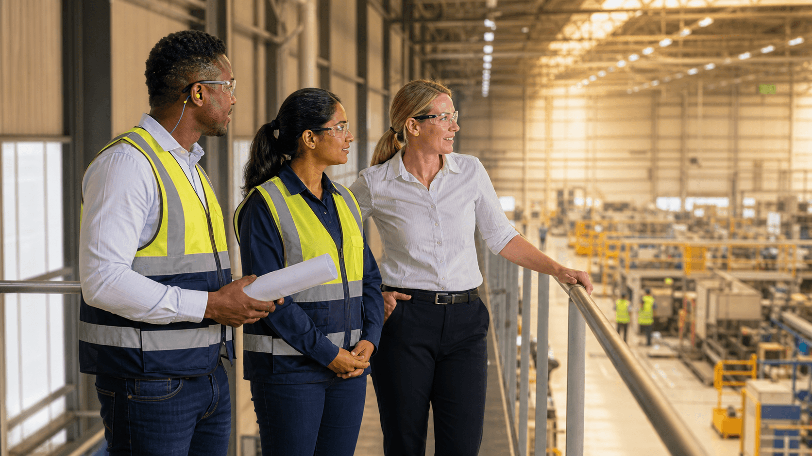 A diverse South African engineering team and customer overlooking an industrial operation after a collaborative site walkthrough.