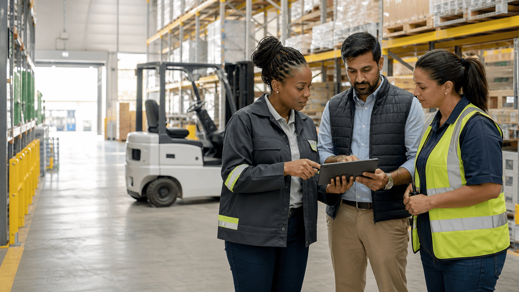 Three South African engineering and operations professionals discussing a warehouse operation around a tablet, with a safely parked forklift in the background.