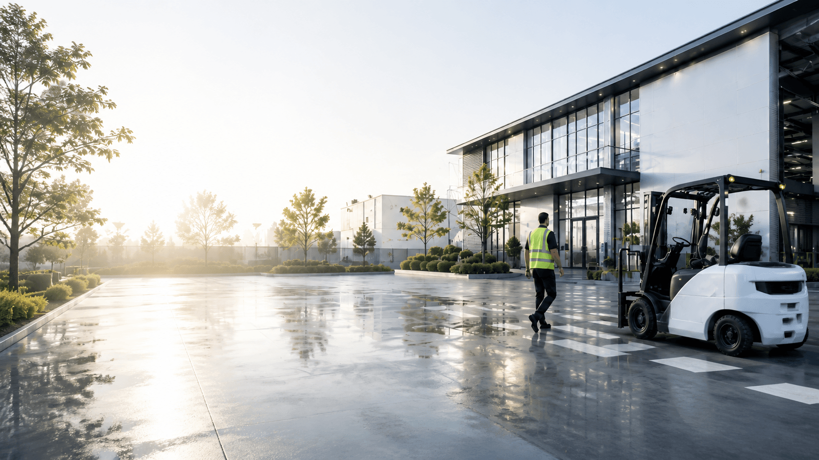 Bright modern Pulsar engineering campus at sunrise, with a pedestrian crossing the reflective forecourt near a white forklift.