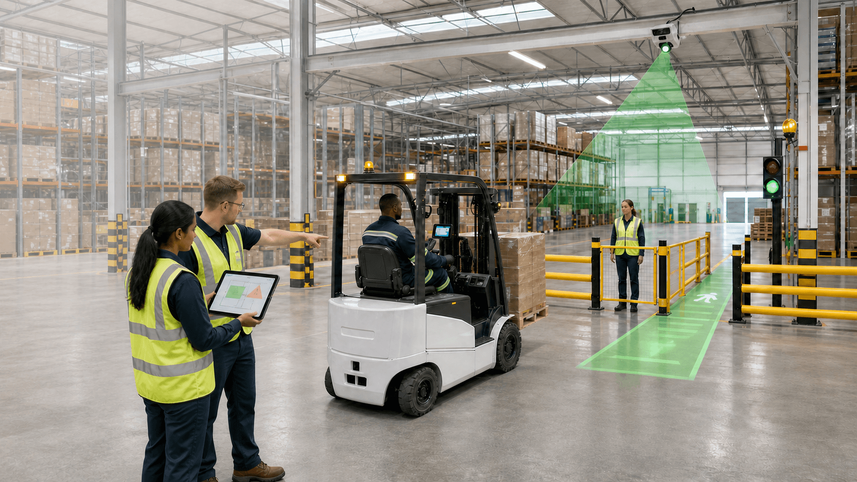 Two safety engineers identify operational hazards in a bright warehouse where a seated forklift operator, protected pedestrian gate, AI camera, projected walkway and traffic controls work together.