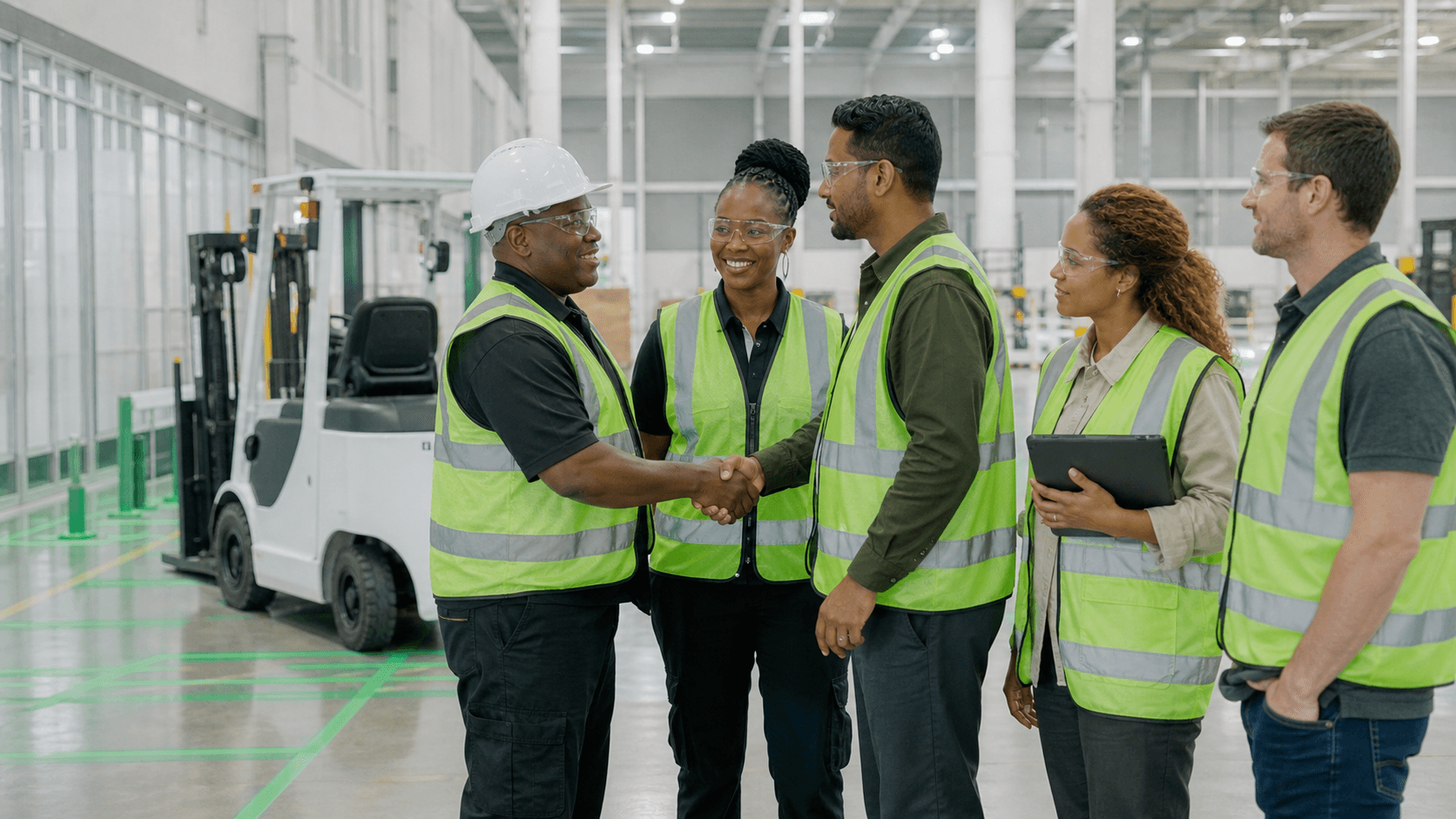 A diverse South African engineering team and frontline forklift operator sharing a moment of trust after a warehouse safety walkthrough.