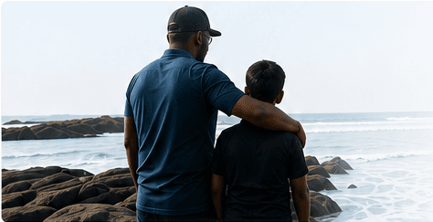 The Pulsar founder with his son beside the ocean, representing the people every engineering decision protects.